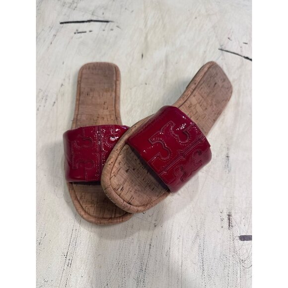 Tory Burch Women's Red Cork & Patent Leather Logo Slide Sandals Size 8.5 - Picture 1 of 6